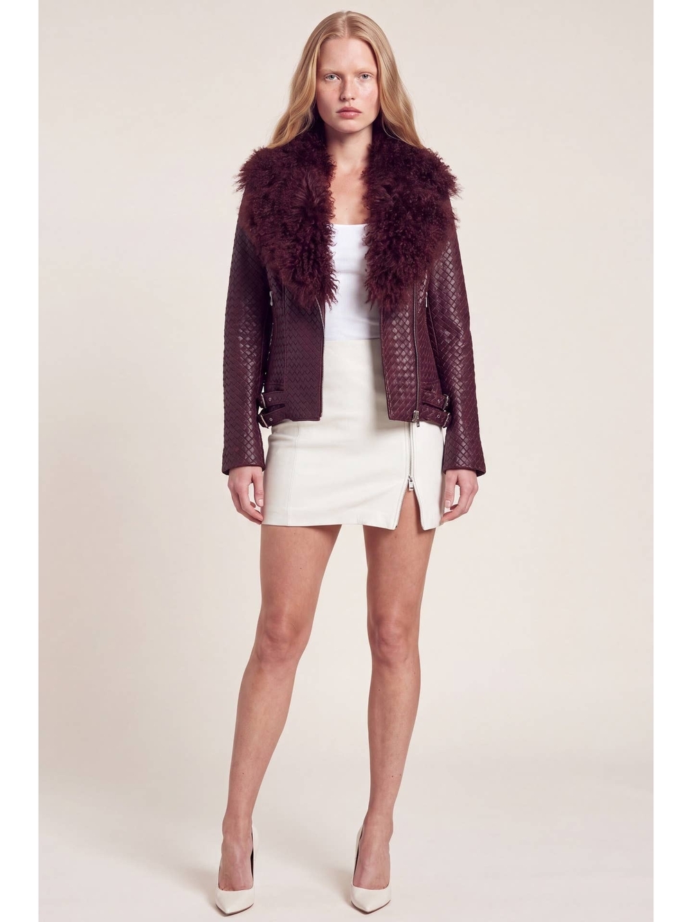 Plum Quilted Leather Jacket with Shearling Fur Collar